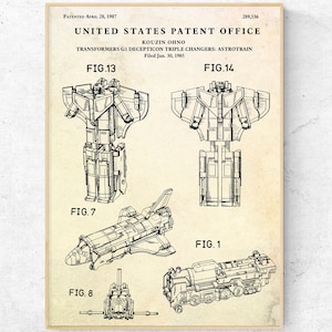 May include: A black and white line drawing of a robot toy patent. The patent is for a toy robot that transforms into a space shuttle and a train. The patent is titled "Transformers G1 Decepticon Triple Changers: Astrotrain" and was filed on January 30, 1985.