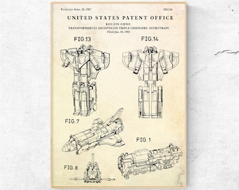 May include: A black and white line drawing of a robot toy patent. The patent is for a toy robot that transforms into a space shuttle and a train. The patent is titled "Transformers G1 Decepticon Triple Changers: Astrotrain" and was filed on January 30, 1985.