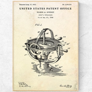 Sperry Gyroscope 1915 Patent Print. Sailing Navigation Inventions Blueprint Poster. Sailor Gift. Yacht Club Antique Wall Art. Nautical Decor