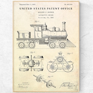 Locomotive 1891 Patent Print, Antique Steam Train Engine Blueprint Poster, Old Railroad Decor. Railways Vintage Wall Art