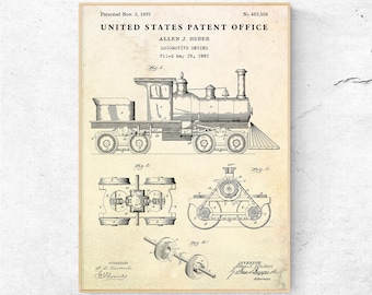 Stampa di brevetto di locomotiva del 1891, poster di progetto di locomotiva a vapore antica, vecchia decorazione ferroviaria. Arte murale vintage delle ferrovie