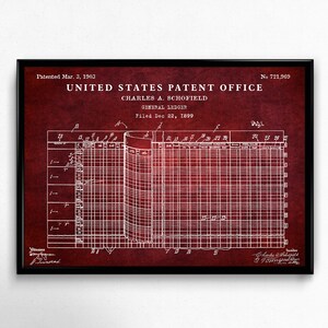 May include: A vintage patent drawing for a general ledger system, patented on March 3, 1903, by Charles A. Schofield. The drawing is on a red background with white lines and text. The patent number is 721,969.