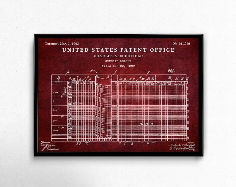 May include: A vintage patent drawing for a general ledger system, patented on March 3, 1903, by Charles A. Schofield. The drawing is on a red background with white lines and text. The patent number is 721,969.