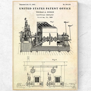 May include: A black and white illustration of a patent for an electrical generator, filed by Thomas A. Edison on 16 May 1883. The patent number is 281,351. The illustration shows a detailed drawing of the generator, with various parts labelled.