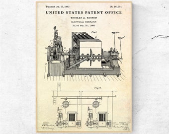 Edison Electrical Generator 1883 Patent Print. Blueprint Poster, Electricity Wall Art, Power Plant, Industrial Decor, Electrician Gift