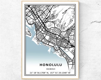 Honolulu HI Map Print, US City Map Modern Wall Art, Hawaii Travel Gift Poster