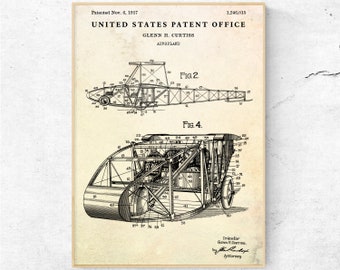 Curtiss Flugzeug Patent Druck, Luftfahrt Poster, Inventions Blueprint Wandkunst. Pilot Geschenke, Flugzeug Dekor.