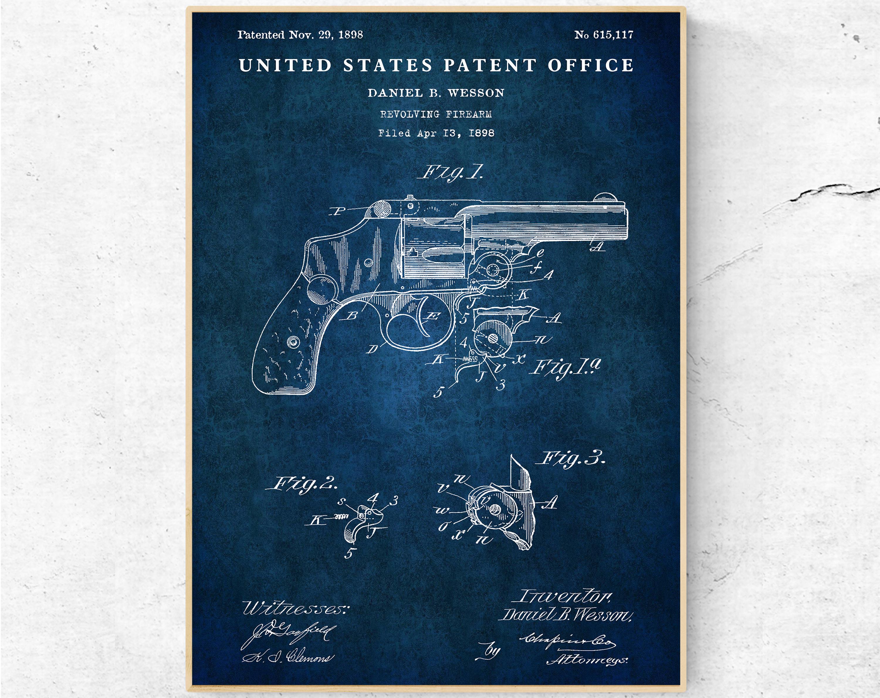 リボルバーの特許図面、1898年のアンティーク銃器設計図、男の隠れ家の