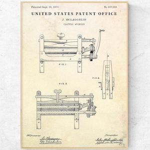 Clothes Wringer Antique 1870 Patent Print. Laundry Room Retro Wall Art. Bathroom Rustic Decor. Vintage Utility Room Blueprint Poster