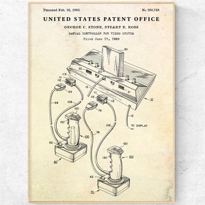 Video Game Wall Art: Controller 1985 Patent Print, Joystick Inventions Blueprint Poster, Geek Gift, Gamer Room Decor