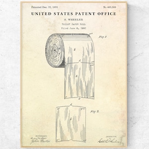 Toilet Paper 1891 Patent Print. Bathroom Vintage Wall Art. Inventions Blueprint Poster. Restroom, Lavatory, WC Sign, Ready to Hang Canvas