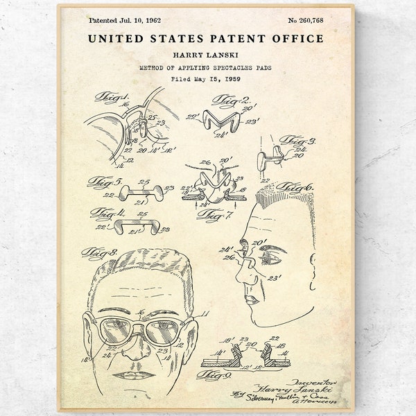 Spectacles 1962 Patent Print. Eye Clinic Wall Art. Optometry Optical Shop Decor. Optometrist, Eye Doctor Gifts. Invention Blueprint Poster