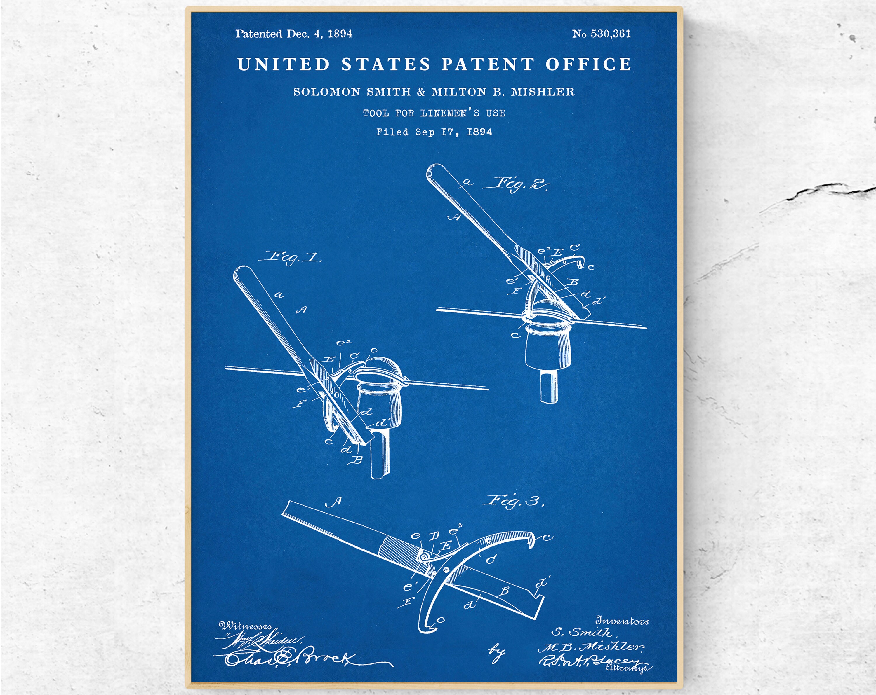Lineman Tool 1894 Patent Print. Lineman Gift, Electrician