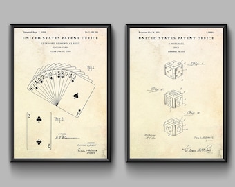 Playing Cards & Dice Patent Wall Art. Inventions Blueprint Poster, Gambling Gift, Game Room, Man Cave Vintage Decor. Set of 2 Prints