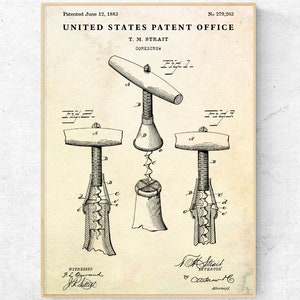 Saca-rolhas 1883 Patente Desenho Impressão. Invenções Blueprint Poster. Cozinha Bar Vintage Decoração. Sinal de vinho Man Cave Wall Art