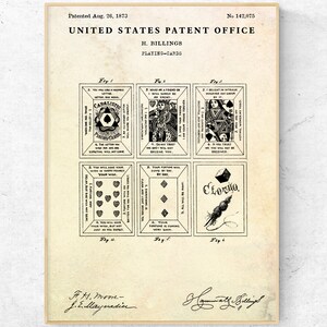 Impresión de patente de 1873 sobre naipes, casino, blackjack, póster de póquer, arte mural antiguo para una noche de juegos, regalo de juego vintage