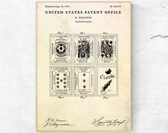 Playing Cards 1873 Patent Print, Casino, Blackjack, Poker Poster, Game Night Antique Wall Art, Vintage Gambling Gift