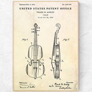 Violin 1921 Patent Print. Vintage String Instrument Blueprint Poster. Music Room Wall Art. Violinist Fiddler Gift