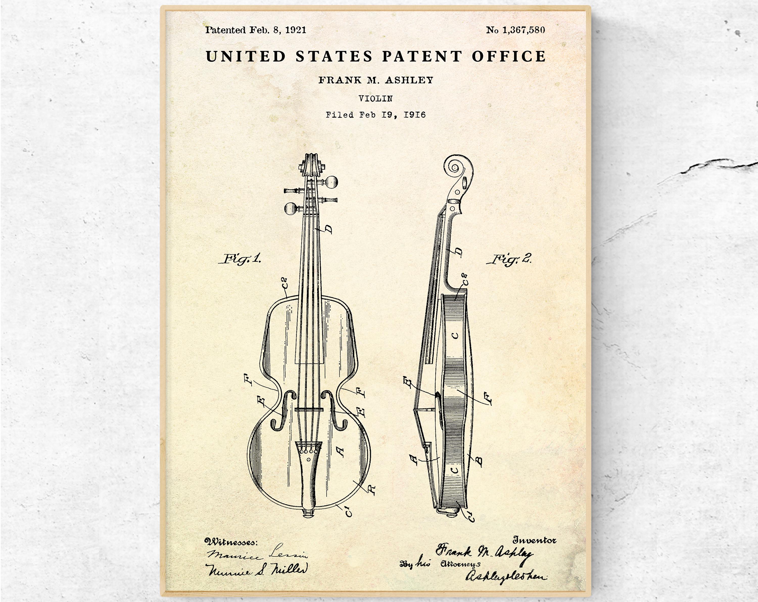 1921年のバイオリン特許図面。ヴィンテージ弦楽器設計図ポスター。音楽