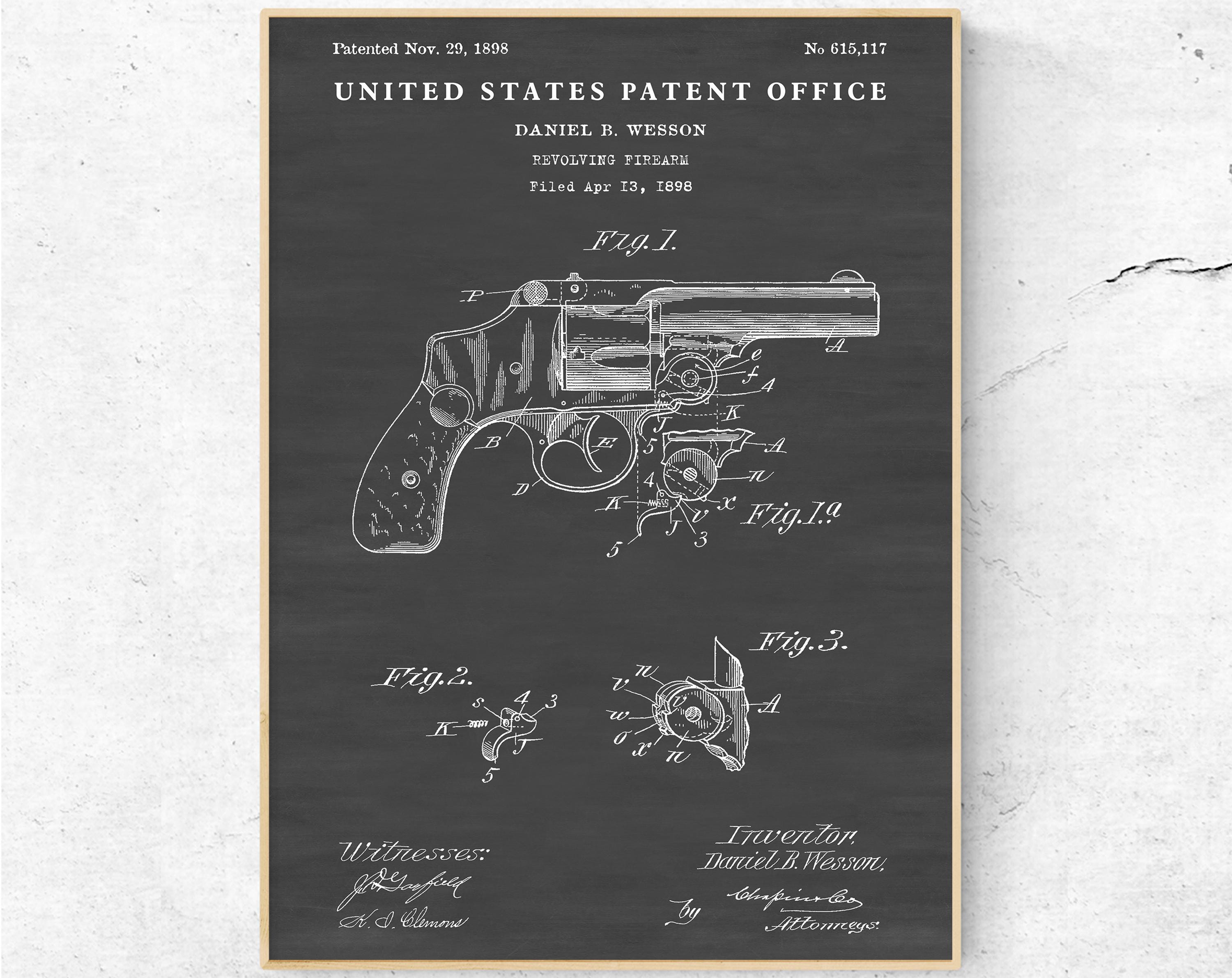 リボルバーの特許図面、1898年のアンティーク銃器設計図、男の隠れ家の