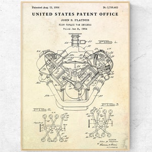 Impresión de patente de motor V8 Hemi, póster con plano de invención de la industria automotriz, decoración de garaje, arte mural vintage para la cueva del hombre