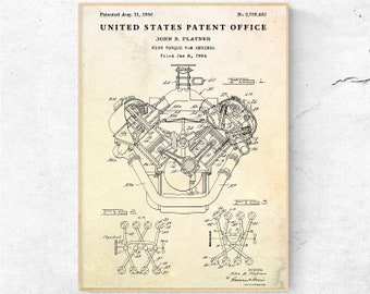 V8 Engine Patent Print, Engine Invention, Automotive Industry Blueprint Poster, Garage Decor, Man Cave Vintage Wall Art