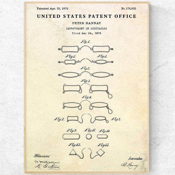 Spectacles 1876 Patent Print. Optometry Wall Art. Optical Shop Decor. Optometrist, Eye Doctor Gifts. Eyeglasses Invention Blueprint Poster