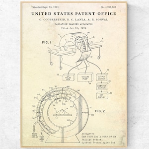May include: A black and white line drawing of a medical device, a radiation imaging apparatus, with a patient lying on a table. The device is labelled "FIG. 1" and "FIG. 2". The patent number is 4,289,969. The patent was filed on 10 July 1978 and granted on 15 September 1981. The patent is assigned to CAN TECH Inc. A CORP OF MA, Philips Medical Systems Technologies Ltd.