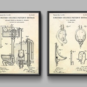 May include: Two black and white patent drawings for toilet designs. The first drawing shows a toilet tank and bowl with a detailed diagram of the internal workings. The second drawing shows a toilet bowl with different views of the design. The text on the first drawing reads "United States Patent Office, Julian Deste & George T. Wilson, Cistern for Water-Closets, Patented Nov. 22, 1898, No. 614,648". The text on the second drawing reads "United States Patent Office, P. J. Madden, Urinal Bowl, Patented Mar. 14, 1893, No. 450,278".
