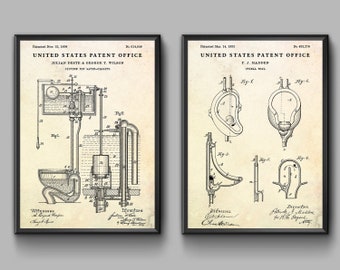 Urinal & Toilet Flush Patent Wall Art, Plumbing Inventions, Mens Bathroom Poster, Water Closet Sign, Restroom Vintage Decor. Set of 2 Prints