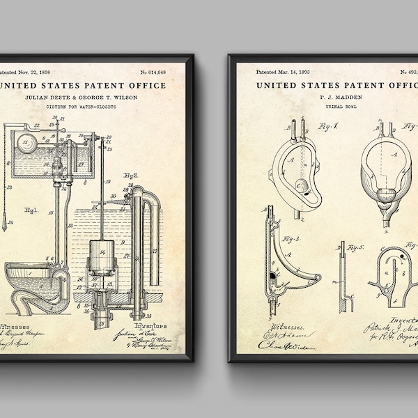 Urinal & Toilet Flush Patent Wall Art, Plumbing Inventions, Mens Bathroom Poster, Water Closet Sign, Restroom Vintage Decor. Set of 2 Prints