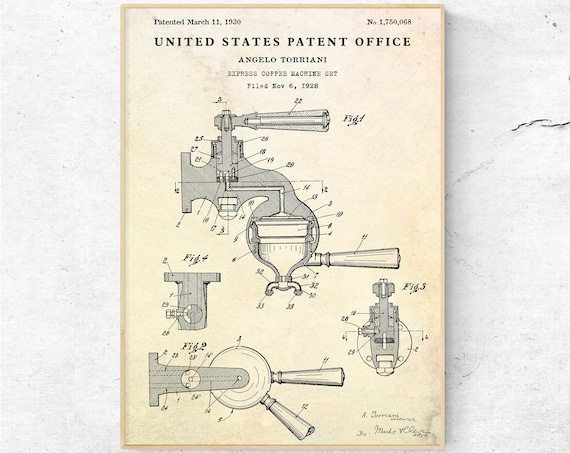 エスプレッソコーヒーマシン 1930年特許図面。発明設計図ポスター
