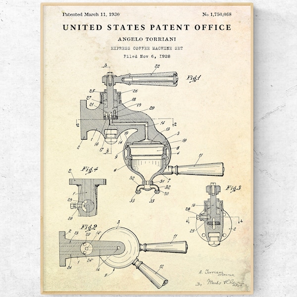 Espresso Coffee Machine 1930 Patent Print. Inventions Blueprint Poster. Kitchen Cafe Wall Art Decor. Barista Gift. Ready to Hang Canvas