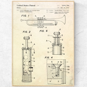 Valve Wind Instrument Patent Poster. Trumpet Print. Vintage Brass Blueprint Wall Decor. Music Instrument Wall Art. Music Room Decor