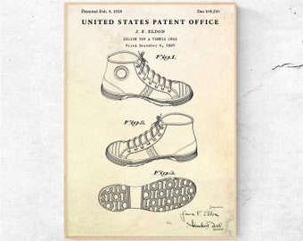 Tennis Shoe 1938 Patent Poster. Vintage Sports Sneaker Blueprint Wall Art. Athletic Footwear Print for Gym or Office Decor