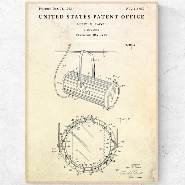 Spotlight 1963 patentafdruk. Verlichting ontwerper cadeau. Theatrale uitvinding blauwdruk Poster Theater Vintage Wall Art. Klaar om canvas op te hangen