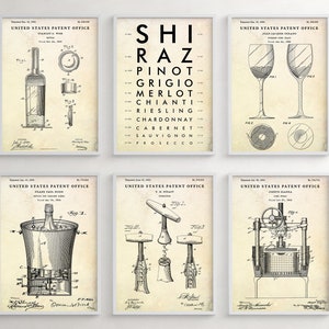 Wein Wandkunst, Augenkarte Weintypen Zeichen, Wein Patentdrucke. Männerhöhle, Bar, Restaurant Vintage Decor. Weinliebhaber Geschenk, Set mit 6 Postern
