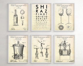 Wine Wall Art, Eye Chart Wine Types Sign, Wine Patent Prints. Man Cave, Bar, Restaurant Vintage Decor. Wine Lover Gift, Set Of 6 Posters