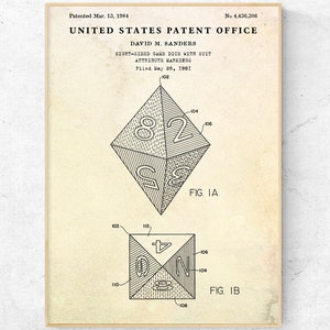 Dungeons Dragons Eight Sided Dice Patent Art Print, RPG Die Poster, Role Playing Game Wall Art, D And D Decor