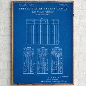 May include: A blue and white blueprint for a bridge score sheet patent, dated November 12, 1918, with the patent number 1,284,763. The patent is for a bridge score sheet, and the blueprint shows the layout of the score sheet and the different ways that it can be used.