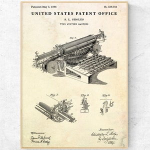 Máquina de escritura tipográfica Impresión de patentes. Vintage Qwerty Typewriter Inventions Blueprint Poster, Decoración de oficina. Regalo para escritores, periodistas
