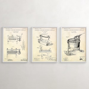 Laundry Room Vintage Wall Decor, Antique Patent Drawing Prints, Laundry Items Rustic Wall Art, Set of 3 Blueprint Posters
