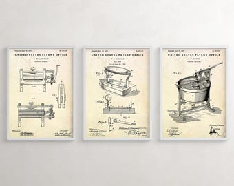 Laundry Room Vintage Wall Decor, Antique Patent Drawing Prints, Laundry Items Rustic Wall Art, Set of 3 Blueprint Posters