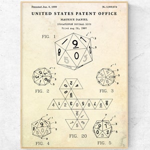 20 Sided Dice Patent Print. DnD Icosahedron Decimal Dice Blueprint Poster. Dungeons and Dragons Wall Art, Ready to Hang Canvas