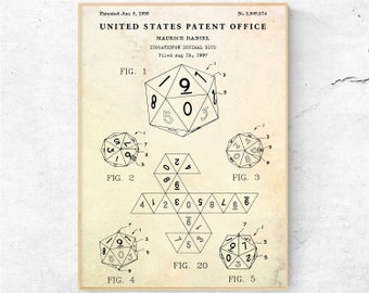 20 Sided Dice Patent Print. DnD Icosahedron Decimal Dice Blueprint Poster. Dungeons and Dragons Wall Art, Ready to Hang Canvas