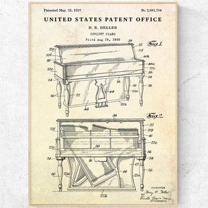 Stampa del brevetto del pianoforte verticale del 1937. Poster del progetto delle invenzioni. Arredamento vintage per la sala della musica. Regalo pianista. Decorazione da parete con strumenti musicali