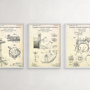Schlagzeuger Wandkunst, Drum Machine & Drum Cymbal Patent Poster, Geschenk für Schlagzeuger, Musik Raum Dekor, 3er-Set Drucke