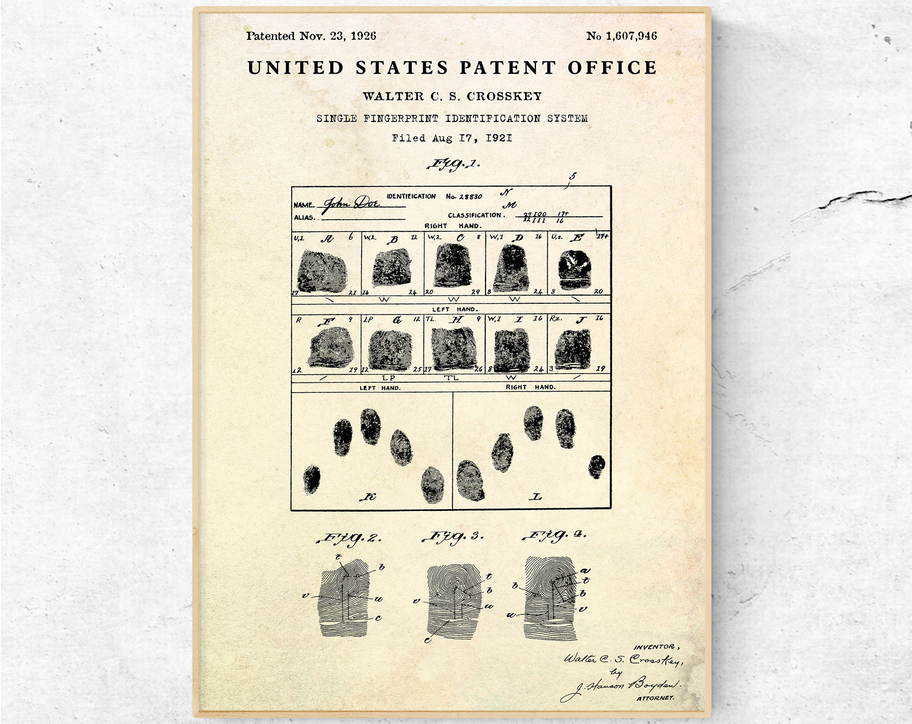 Forensic Science Fingerprint Identification 1926 Patent Print. Vintage Criminology Wall Art. Blueprint Poster, Police Criminologist Gift