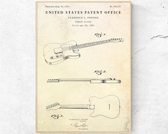 Impresión de patente de guitarra Fender de 1951. Póster con planos de inventos de guitarra. Arte mural para músicos, regalo para guitarristas. Decoración para salas de música.