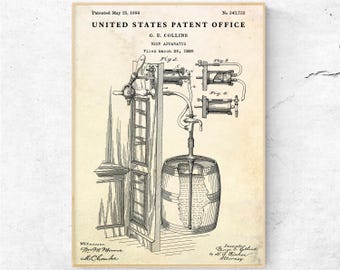 Beer Dispenser 1886 Patent Print, Blueprint Poster, Home Bar, Pub, Taproom, Man Cave Vintage Brewing Wall Art, Antique Brewery Decor